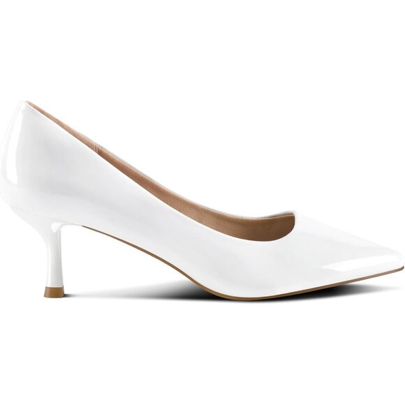 Women's White Patent Pumps 2 inch Kitten Heel Pointed Toe Low Heel Dress Shoes - Picture 3 of 7